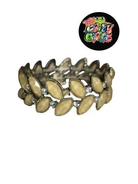 Vintage Rhinestone Stretch Elastic Bracelet Leaves Silver Tone Read Below